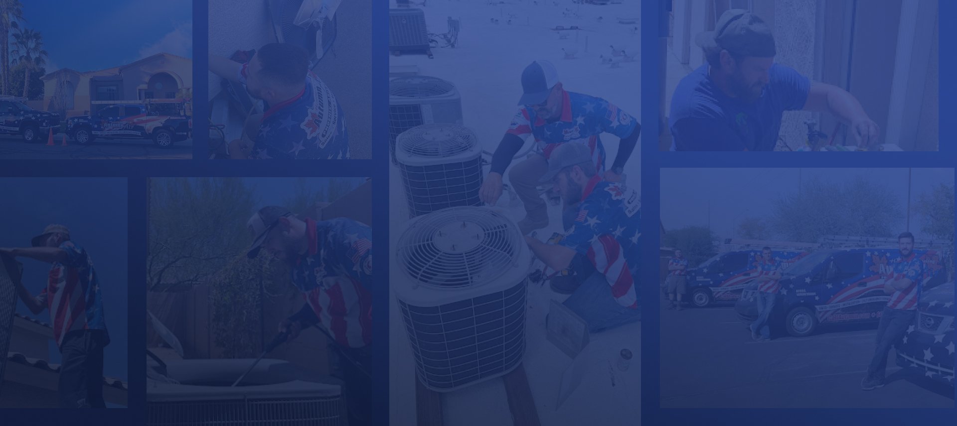 Collage of Autumn Air technicians in patriotic uniforms working on residential HVAC equipment and standing with branded service vans.