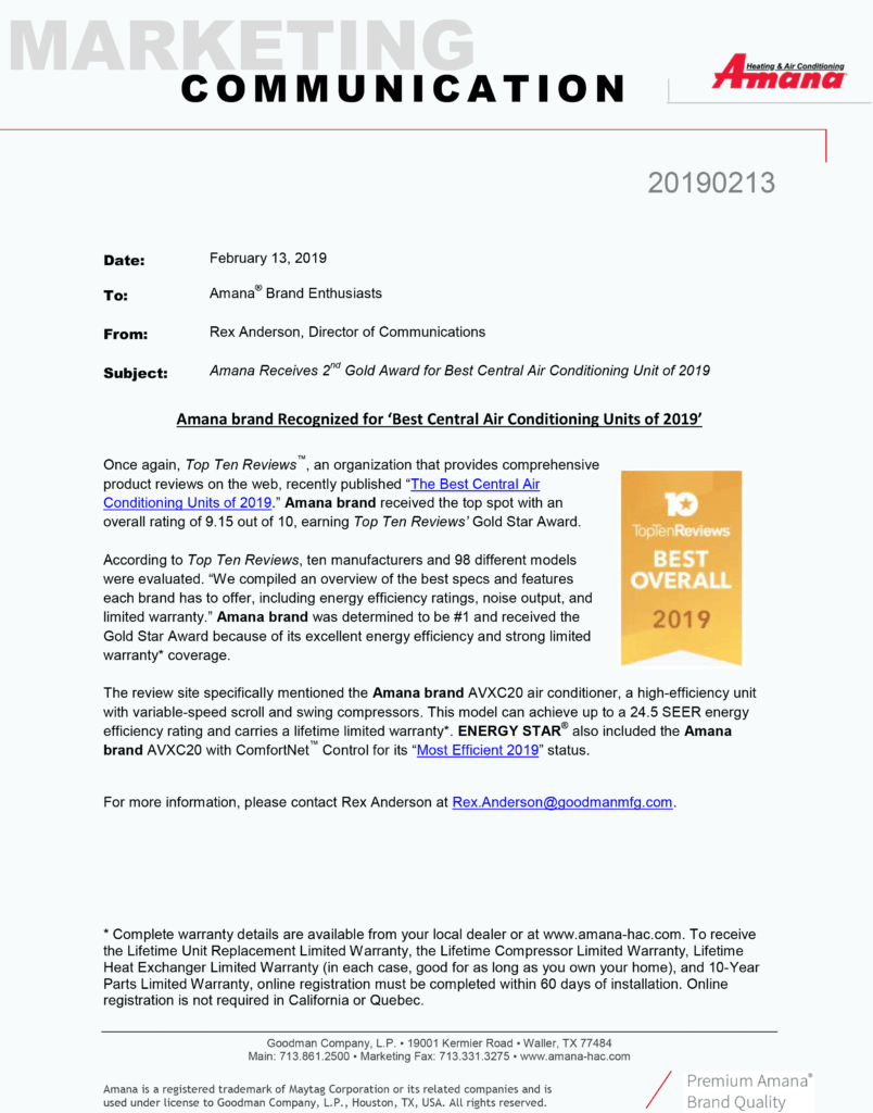 Amana Brand Receives 2nd Gold Award for Best Central Air Conditioning Unit 2019